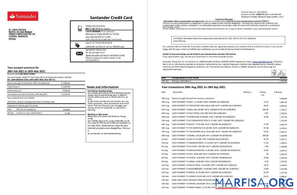Downloadable Spain Santander bank statement 2 pages excel example